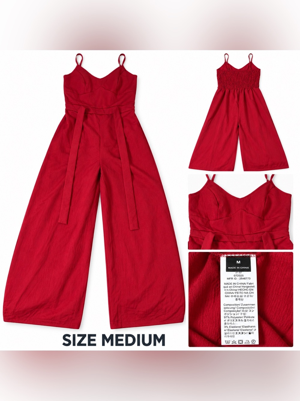Red Wide-Leg Sleeveless Jumpsuit with Waist Tie